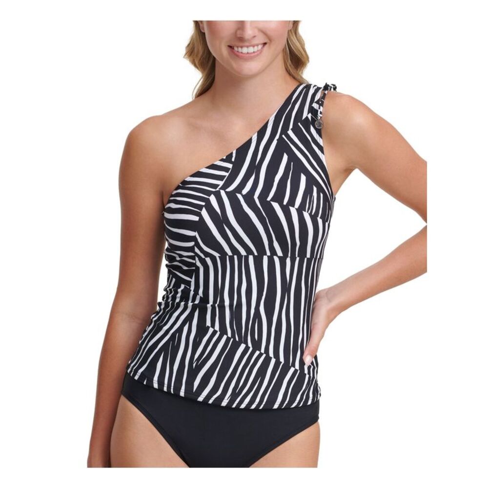 DKNY Women's Black Zebra Print Tie Classic One Shoulder Tankini Top XS